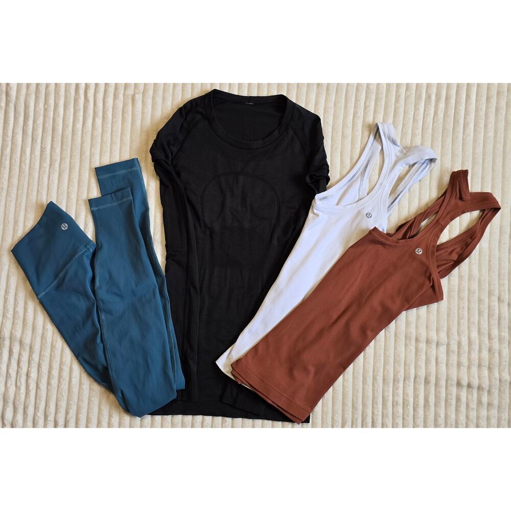 Sz 2 Lot Of 4 Lululemon One 28" Leggings, One Long Sleeve, Two Tank Tops